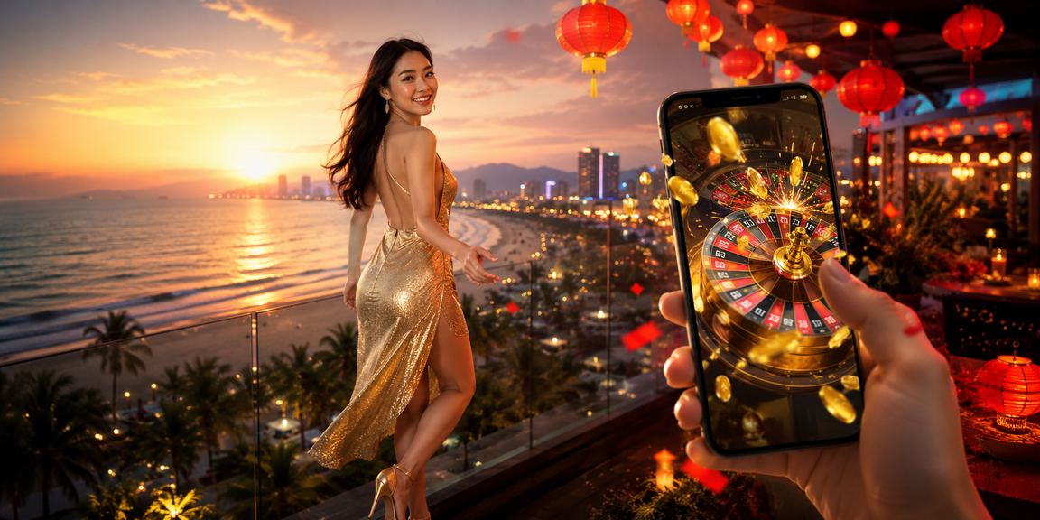 Người dùng tại bãi biển Đà Nẵng chơi casino trực tuyến trên điện thoại buổi chiều