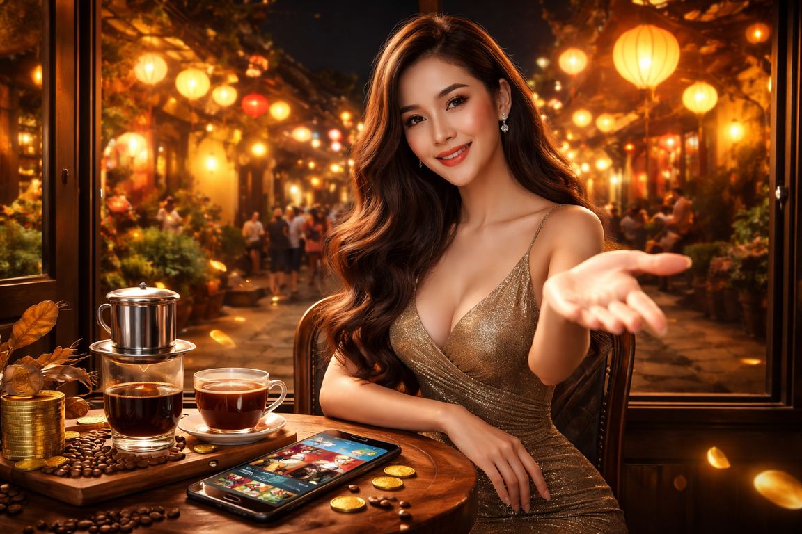 Người dùng tại Hội An vừa uống cà phê vừa tham gia casino trực tuyến trên điện thoại