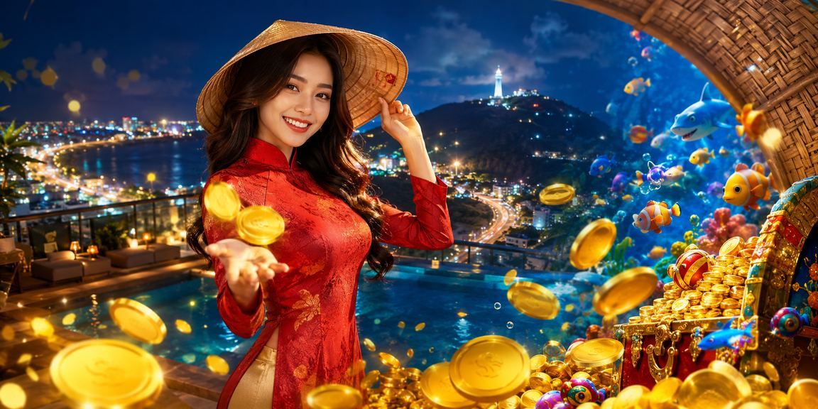 Người phụ nữ đội nón lá tại Vũng Tàu xem ứng dụng casino và nhận voucher trên điện thoại